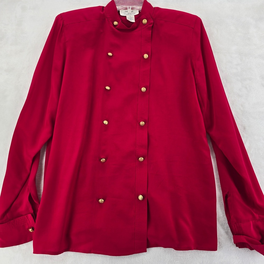 Silk Studio by Claude Bennett Blouse Womens 10 Top Red Silk Military Gold Button